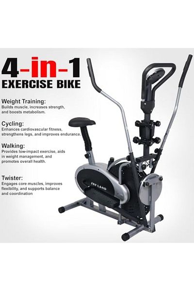 Skyland Fitness Exercise Bike | 4 In 1 Orbitrac Elliptical Trainer EM-1132 With Twister And Barbell 2 Sets