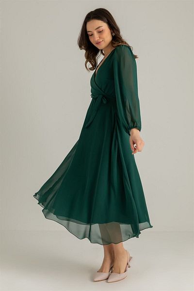 thezkscom Green Balloon Sleeve Double Breasted Midi Chiffon Dress