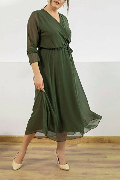 thezkscom Khaki Long Double Breasted Collar Chiffon Dress