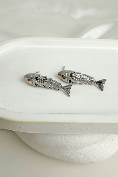 Modex Silver Color Red Eye Detail Fish Dangle Earrings (4cm)