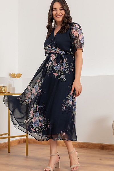 thezkscom Navy Blue Floral Short Sleeve Lined Plus Size Chiffon Dress Sk
