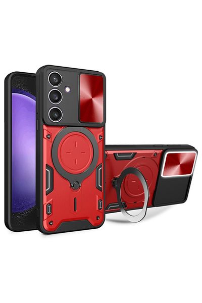 SKYDDAR INNOVATION Case for Samsung Galaxy S23 FE, CamGuard Pro, Magnetic Ring, Camera Protection, sticker set, Red