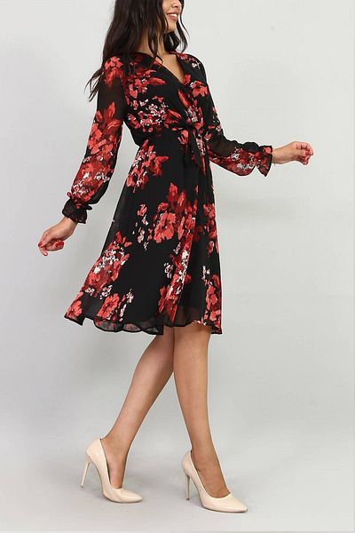 thezkscom Black Floral Double Breasted Collar Chiffon Plus Size Dress