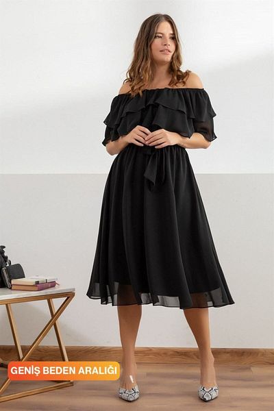thezkscom Madonna Ruffle Collar Black Plus Size Chiffon Dress