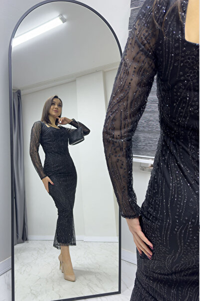 thezkscom Γυναικείο μίντι βραδινό φόρεμα με τετράγωνο γιακά Glitter μακρυμάνικο χρυσό, πράσινο, μαύρο, μπλε, πούδρα, μπορντό, λευκό