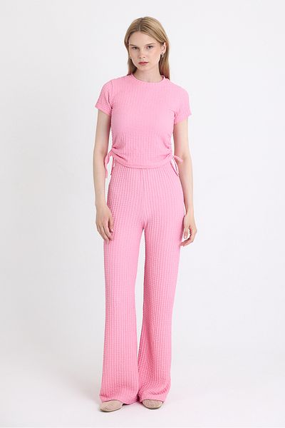 Rays Pink Wrinkle Textured Gathered Crop and Wide Leg Pants Set 3001