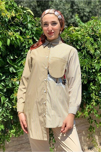 Moda Rosa 25Y4456 - Camel - Pocket Detail Striped Poplin Shirt
