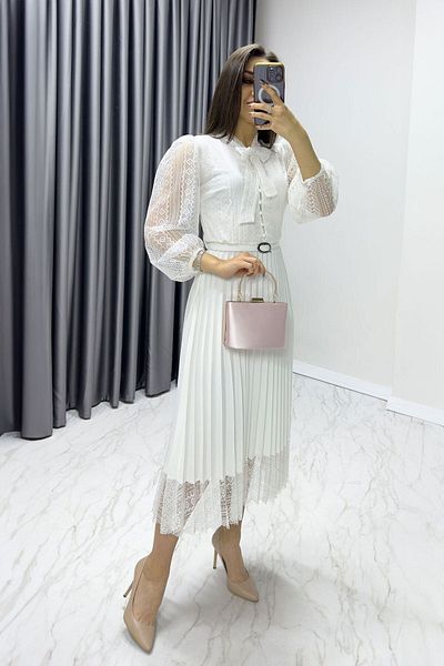 thezkscom White Halter Neck French Guipure Pleated Evening Dress