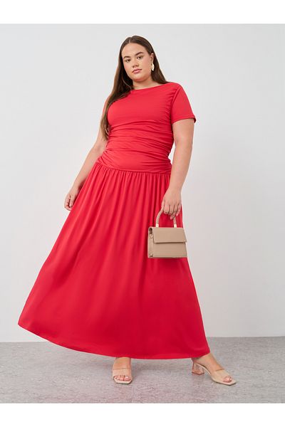 Styli Plus Size Short Sleeve Gathered Detail A-Line Maxi Dress