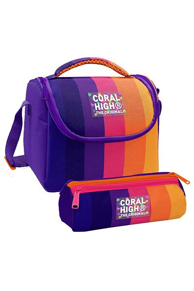 Coral High Girl's Purple Orange Colored Striped Thermo Lunchbox and Three Compartment Pen Holder Set