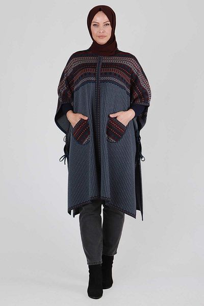 Moda Rosa 25K9620 - Indigo - Large Size Hijab Knitwear Poncho