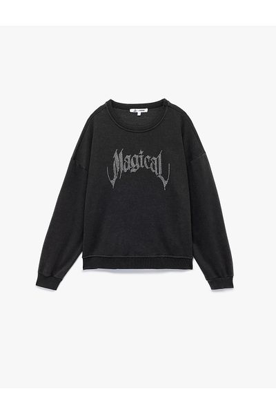 Koton Raised Long Sleeve Crew Neck Stone Printed Oversize Sweatshirt