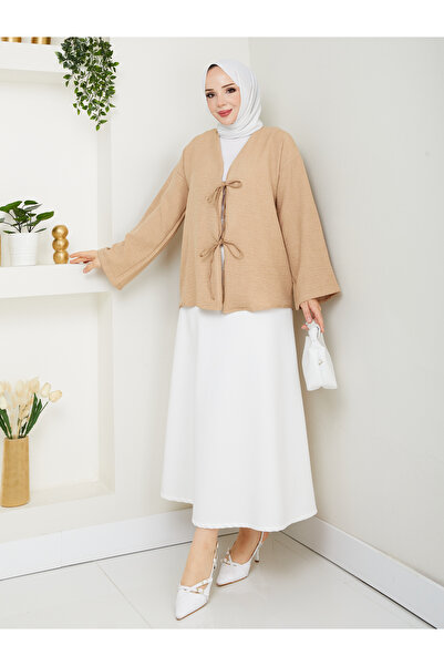 exxitcollection Γυναικείο λινό χιτζάμπ με δέσιμο μπροστά με 2 κορδόνια μοντέρνα κομψή φούστα μπεζ πέτρινο πουκάμισο κιμονό