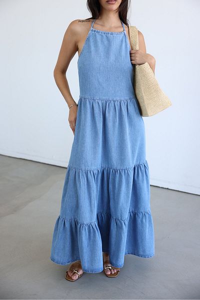 Özge Özgenç Halter Neck Denim Dress
