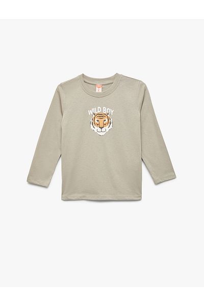Koton Cotton Long Sleeve Crew Neck Tiger Printed T-Shirt