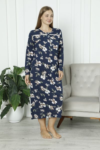 ERDENİZ TEKSTİL Plus Size Mother Nightgown Patterned Lace Detail Cotton Long Sleeve Floral Pattern