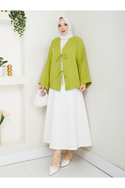 exxitcollection Γυναικείο λινό χιτζάμπ με δέσιμο μπροστά με 2 κορδόνια Μοντέρνα κομψή φούστα με λιπαρό πράσινο πουκάμισο κιμονό