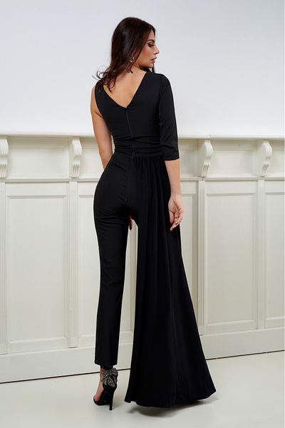 Atmosphere Fashion Black jumpsuit with train and gold embroidery