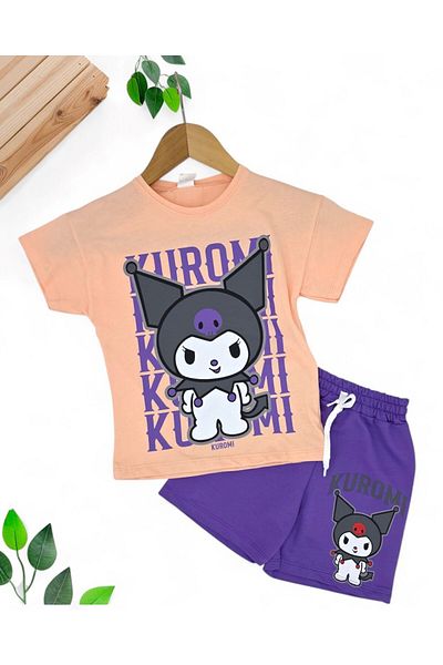 Ege Bebek Girl's Yazik Kuromi Printed 4-10 Years Shorts Bottom Top Set
