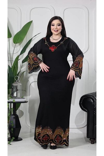 Kokostrendi Floral Crystal Stone Dress - Black