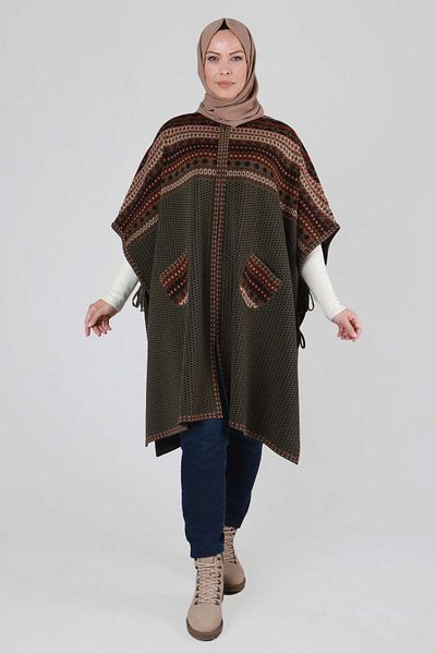 Moda Rosa 25K9620 - Khaki - Large Size Hijab Knitwear Poncho