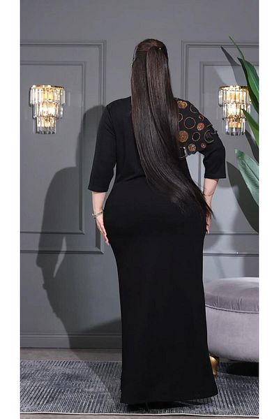 Kokostrendi Round Stone Patterned Crystal Stone Dress - Black Gold