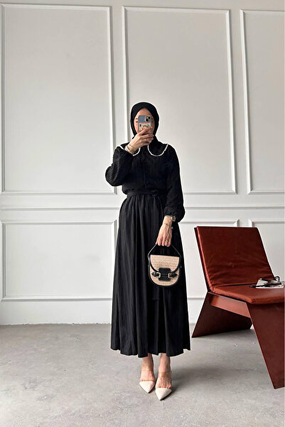 Neşeli Butik rochie hijab neagră pentru femei, căptușită cu guler cu volane N...