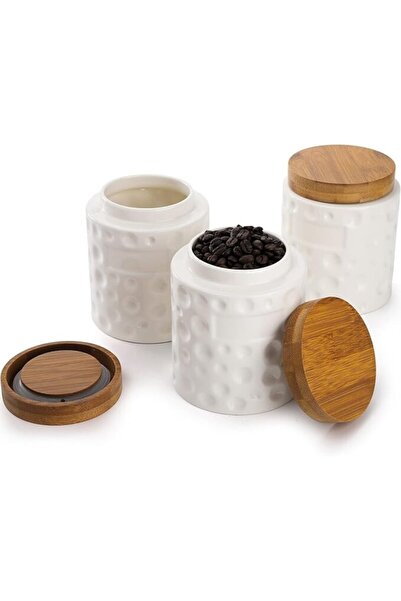 OEM Set 3 borcane incapatoare pentru depozitare, din portelan cu capac de bambus si eticheta, 590ml, 10x