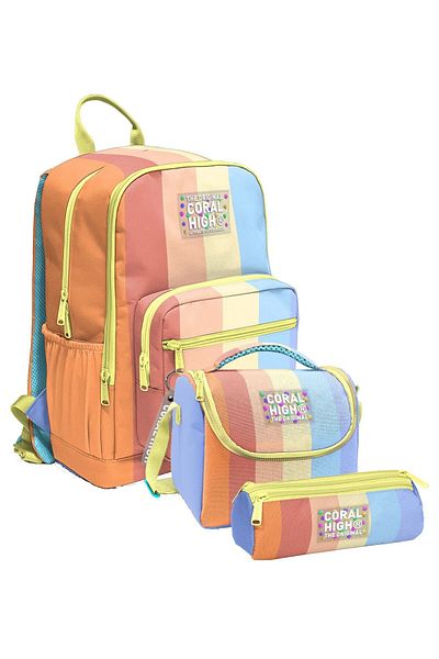 Coral High Primary and Secondary School School Bag Trio - Girl, Orange Yellow Blue Colored Stripes