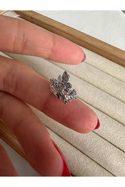 ringbox Gümüş Renkli Çift Kelebekli Taşlı Kıkırdak Küpe Earcuff