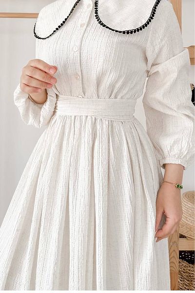 Neşeli Butik Women White Ruffle Collar Lining Hijab Dress Nms062