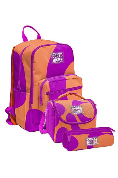 Coral High Primary and Secondary School School Bag Trio - Girl, Orange Purple Colored Striped