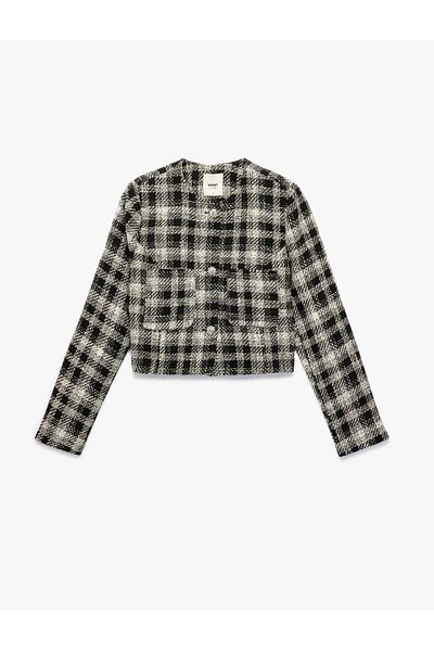 Koton Long Sleeve Crew Neck Plaid Tweed Jacket with Stoned Button Detail and Pockets