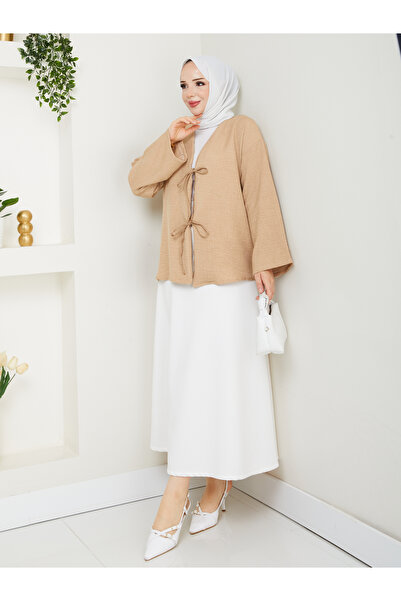 exxitcollection Γυναικείο λινό χιτζάμπ με δέσιμο μπροστά με 2 κορδόνια μοντέρνα κομψή φούστα μπεζ πέτρινο πουκάμισο κιμονό