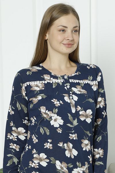 ERDENİZ TEKSTİL Plus Size Mother Nightgown Patterned Lace Detail Cotton Long Sleeve Floral Pattern