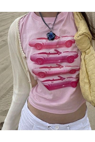 Touz Moda Κροπ Μπλούζα Boy Baby Tee Αυτοκίνητα με Ζώνη