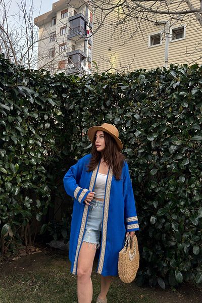 NEW LAVİVA Women's Straw Detailed Oversized Muslin Kimono 700-3441