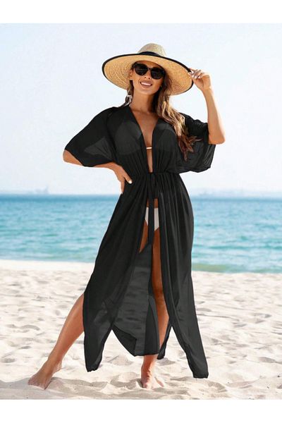 OLSAMODA Women's Long Tulle Beach Kimono with Lace and Slits - Transparent Tulle Pareo