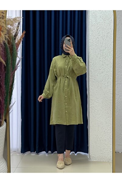 MİHRA STORE Miresia Lace-Up Long Modal Shirt-Pe261 Fat Green