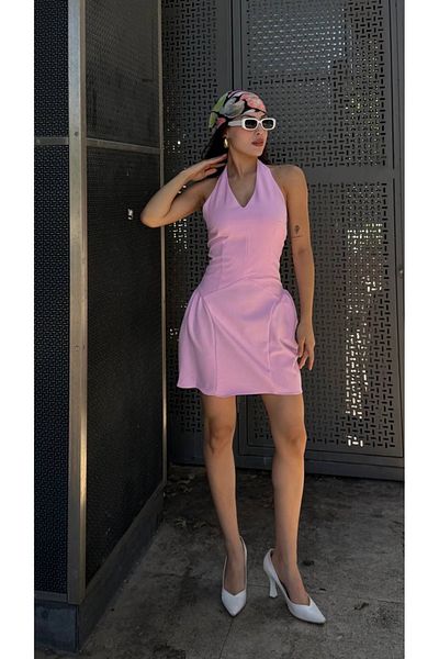 Nesil Mini Summer Dress with Back Cutout and Button Closure at Neckline