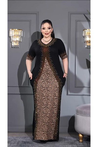 Kokostrendi V-Neck Leopard Detail Crystal Stone Long Dress - Black Gold