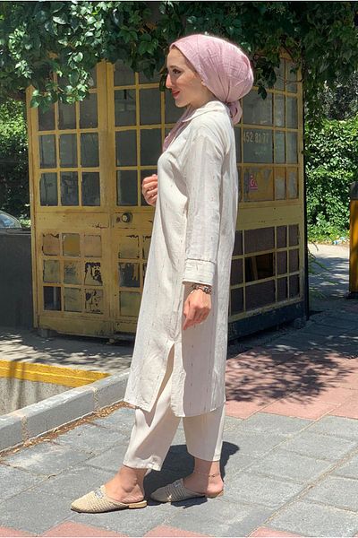 Moda Rosa 25Y4425 - Beige - Long Linen Shirt Tuni̇K