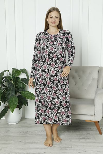 ERDENİZ TEKSTİL Plus Size Mother Nightgown Patterned Lace Detail Cotton Long Sleeve Floral Pattern