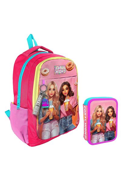 Coral High Pink Red Fashion Girl Girl's School Bag and Organizer Pen Holder Set 23669+11141
