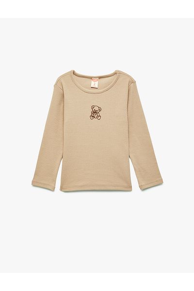 Koton Teddy Bear Embroidered Long Sleeve Crew Neck Cotton T-Shirt