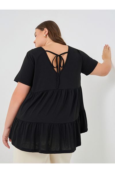 Styli Plus Size Solid Tiered Back T-Shirt with Tie Detail