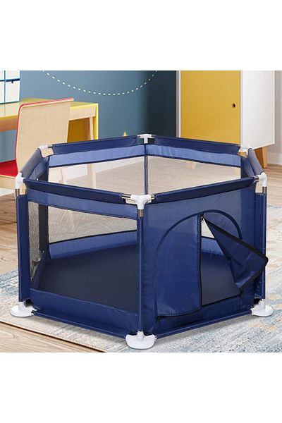 SOLLUXE Playpen for children, activity center with protective mesh and zippered door, 128x113x65cm, blue