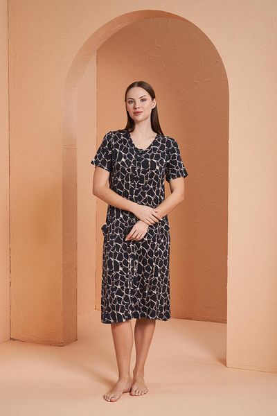 PJS Women's Viscose Button-Down Short Sleeve Patterned Dress