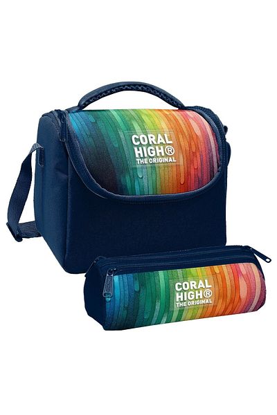 Coral High Băiat, bleumarin, model cu dungi multicolore, cutie termică pentru prânz și stilou cu trei compartimente