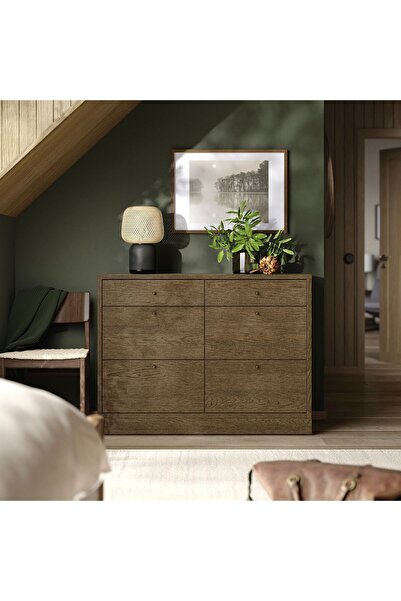 IKEA 6 çekmeceli şifonyer, kahverengi meşe kaplama, 120x47x90 cm